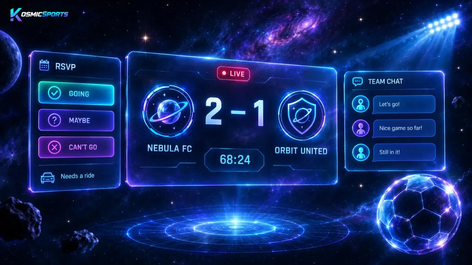 Live game scoreboard with RSVPs and team chat