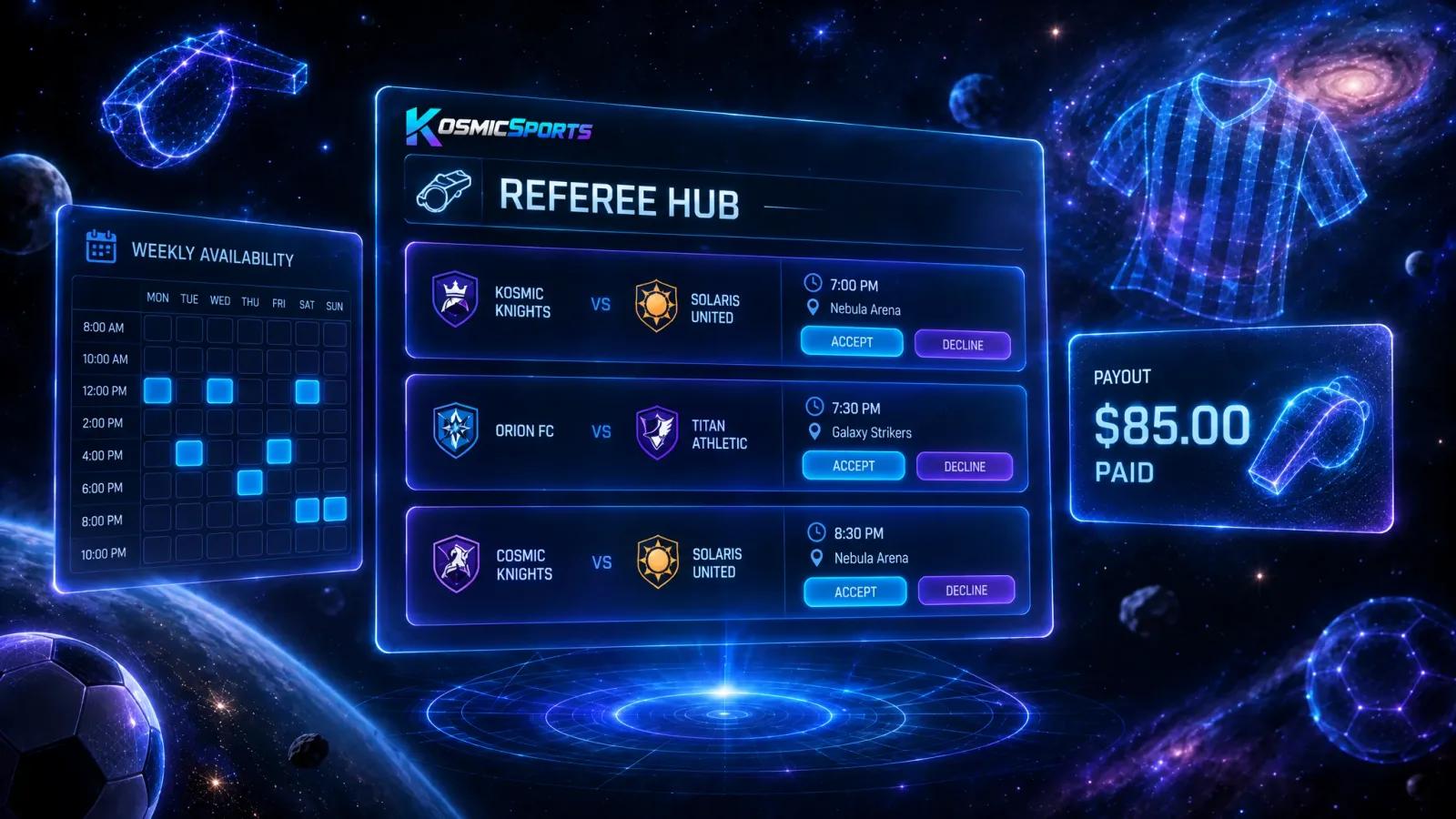 Referee Hub with game offers, availability and payouts
