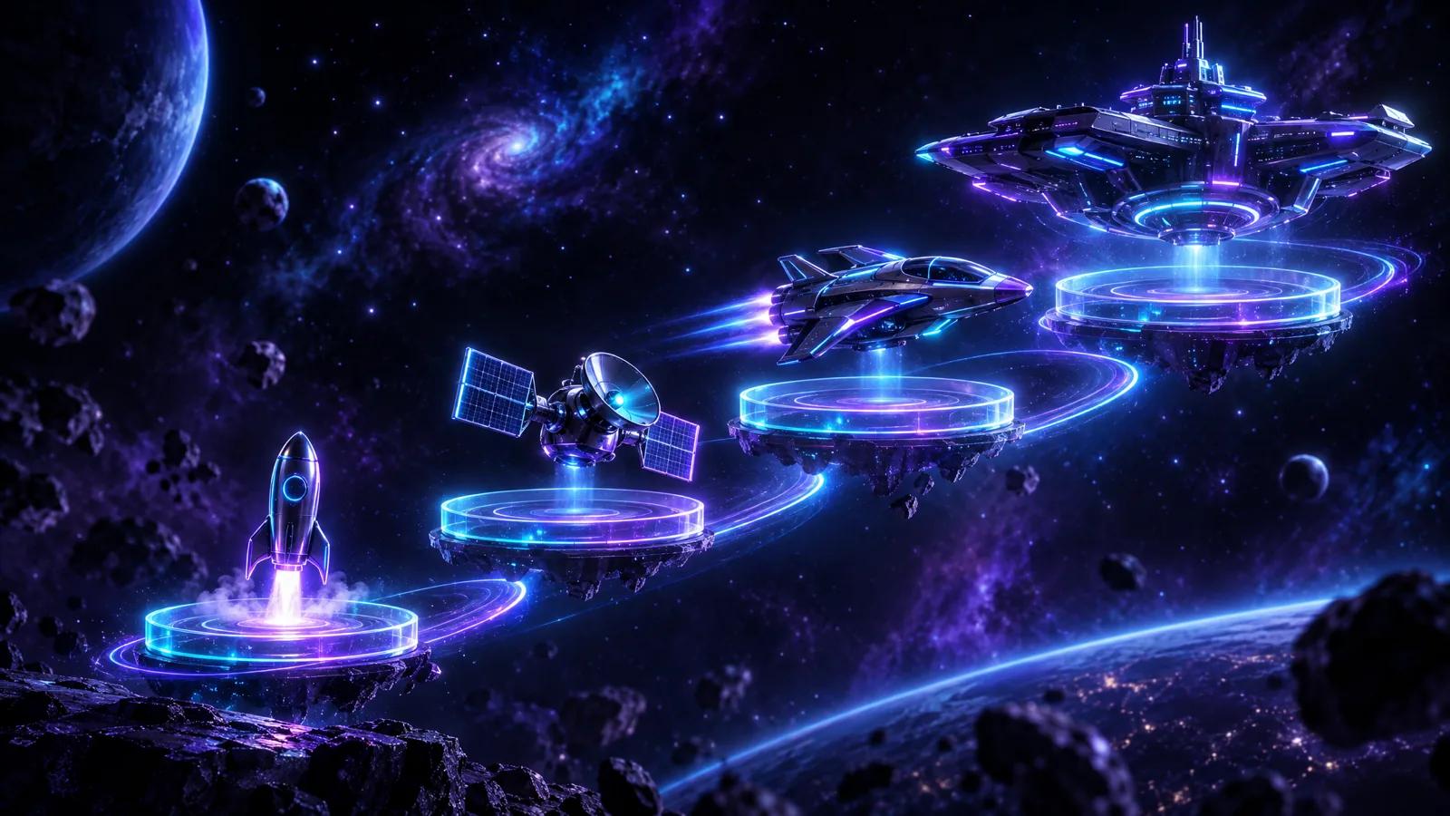 Four spacecraft rising in tiers along a glowing orbital path, from a rocket on a launch pad to a huge mothership