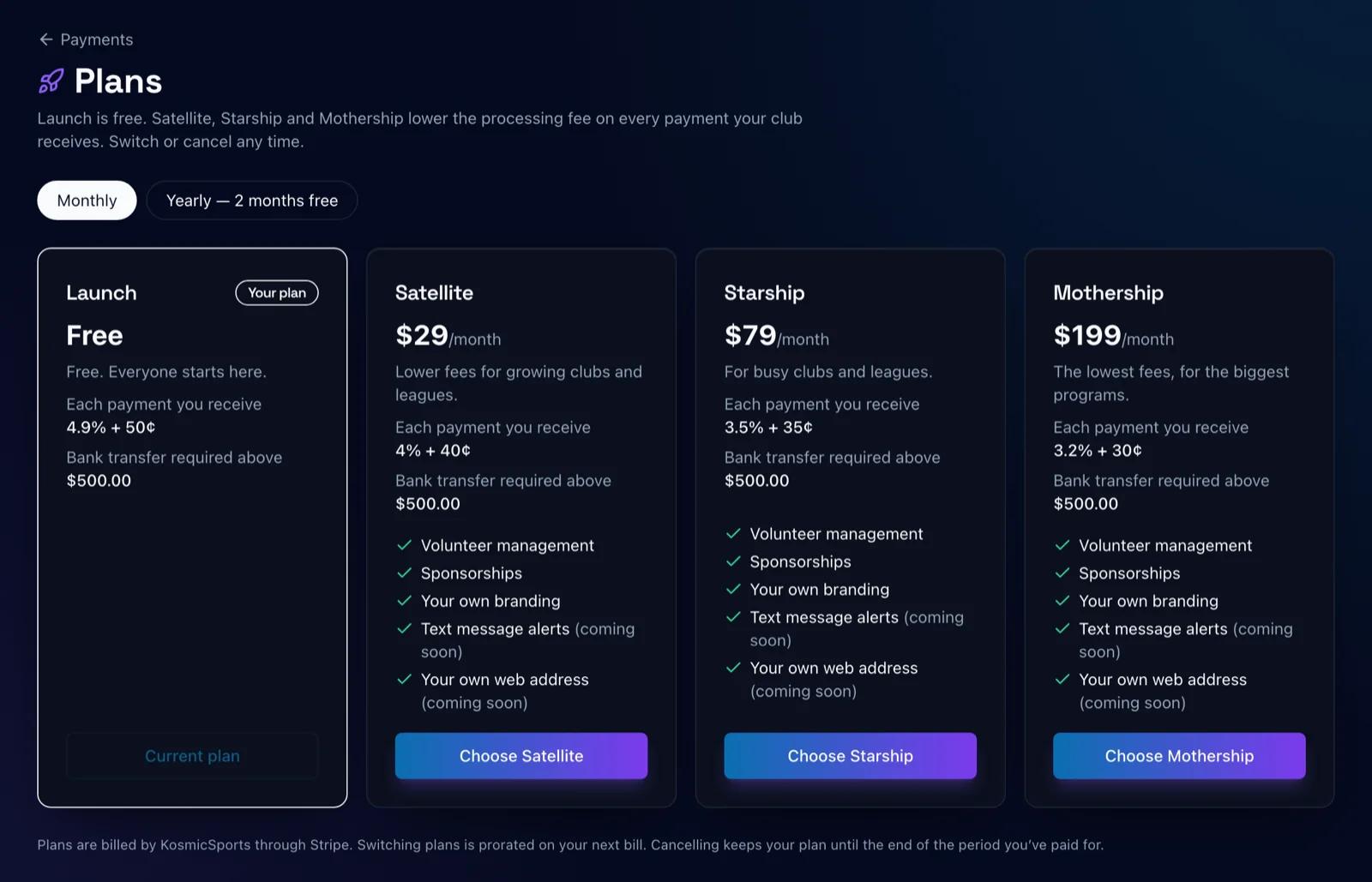 The Plans page in KosmicSports comparing Launch, Satellite, Starship and Mothership, with each plan’s price, fees and features